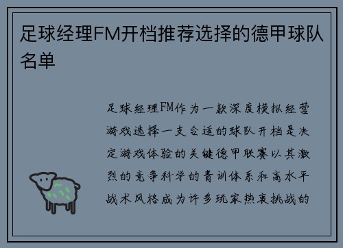 足球经理FM开档推荐选择的德甲球队名单